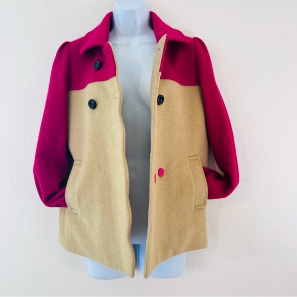 THE CUE by Cher Qu Color Block Pea Coat Size XS 100% Cashmere Wool Magenta Tan - Picture 7 of 12